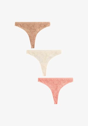 Chiloți tanga din dantelă în trei culori: maro deschis, fildeș și roz pal. Fiecare model are modele florale și o textură netedă.