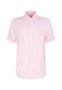 Camicetta a maniche corte con colletto di colore rosa chiaro. Realizzata in tessuto morbido, presenta una chiusura con bottoni, una texture sottile e un orlo dritto.