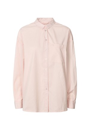 Hellrosa Hemd mit Knopfleiste, langen Ärmeln, vertikalen Streifen, Kragen und einer Brusttasche. Hergestellt aus weichem Stoff mit lockerem Schnitt.