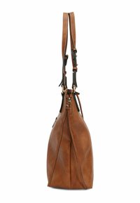 Braune Lederhandtasche mit glatter Oberfläche, ausgestattet mit zwei Tragegurten und goldenen Hardware-Details. Die Seitenansicht zeigt ihre konische Form und die Nähte als Akzente.