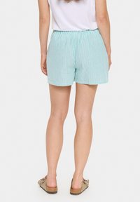Pantaloni shorts leggeri a righe verdi e bianche con una fascia elastica in vita, caratterizzati da una vestibilità rilassata e un orlo che arriva a metà coscia.