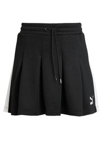 Jupe de sport noire avec des plis et une taille à cordon de serrage, comportant des panneaux latéraux blancs et un petit logo Puma blanc en bas à droite.