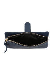 Navy blue leather wallet with gold zipper partially open, revealing empty black interior fabric lining.