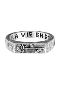 Silver ring featuring a textured surface and engraved rose design. Inner inscription reads "LA VIE EN ROSE." Angular, flat shape.