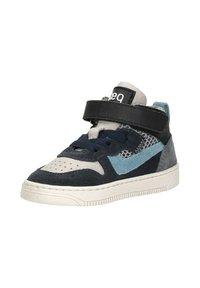 High-top sneaker met marineblauw en grijs suède, mesh details, geperforeerde neus, zwarte band en witte rubberen zool.