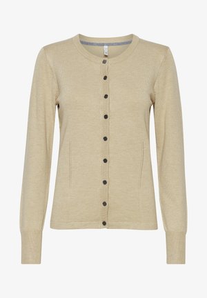 Cardigan beige con maniche lunghe, scollo rotondo e chiusura frontale con bottoni. Presenta due tasche e bottoni neri per dettagli.