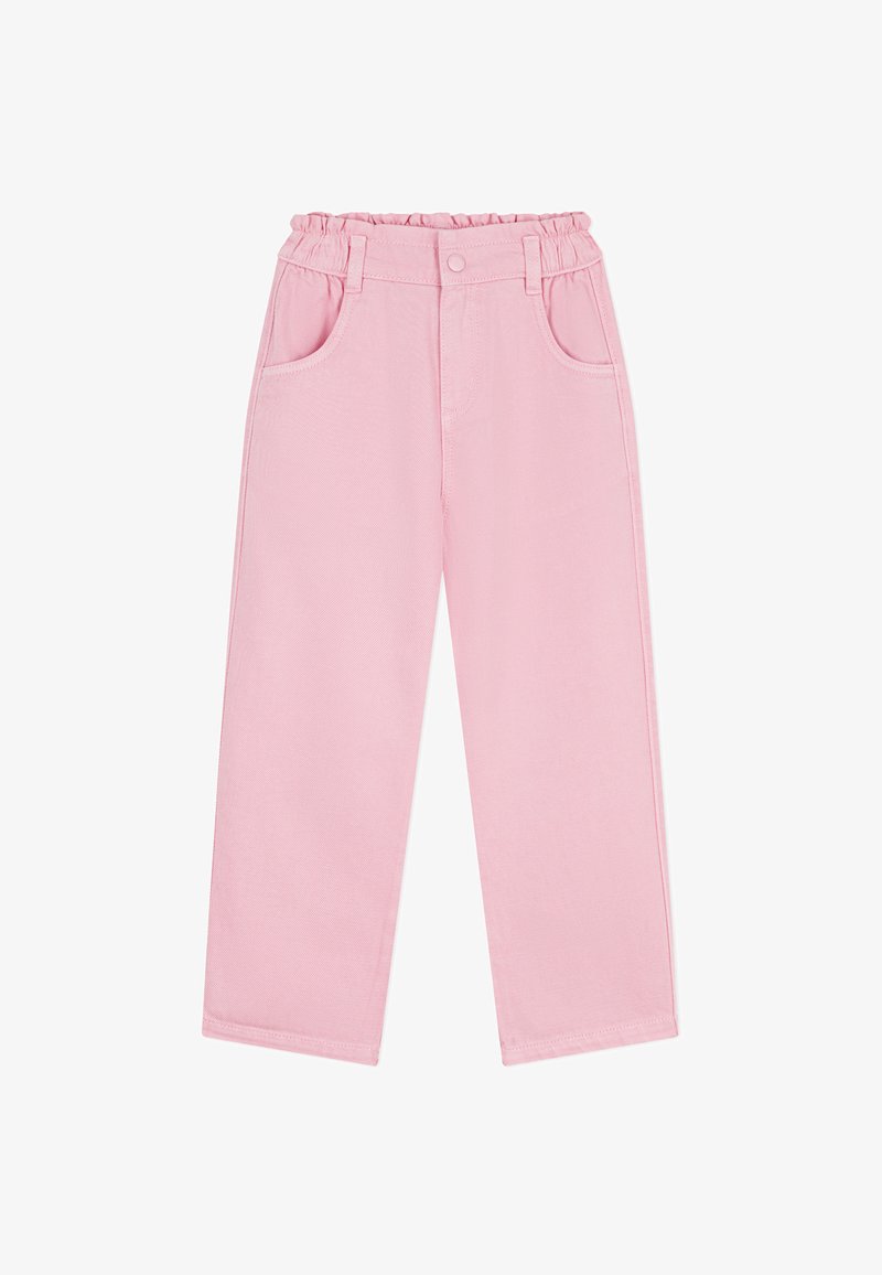 Rosa, weit geschnittene Hose aus strukturiertem Stoff; mit einem elastischen Bund mit rüschlichem Rand und zwei seitlichen Taschen.