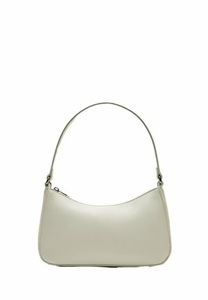Hobo-Tasche aus hellbeigem Leder mit geschwungener Silhouette, schmalem Schulterriemen und einem Reißverschluss oben. Glatte Textur mit minimalen Akzenten.