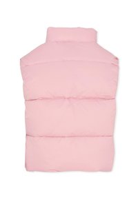 Gilet rosa puffoso con colletto alto, caratterizzato da cuciture orizzontali e una texture liscia e morbida. Senza maniche, progettato per essere indossato a strati.
