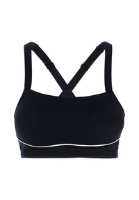 Brassiere sportivo nero con una texture liscia, spalline incrociate regolabili e una banda decorativa bianca lungo il fondo.