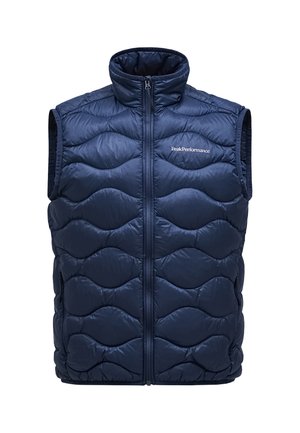 Tumši zila, bez piedurknēm, pūkains vests ar augstu apkakli, ar izšūtiem viļņu rakstiem, priekšējo rāvējslēdzēju un mazu logotipu uz krūtīm.