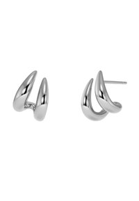 Orecchini in argento con un design curvo ed allungato, caratterizzati da una finitura lucida. La forma ricorda due artigli stilizzati e intrecciati.