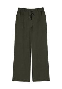 Pantalons à jambes larges en vert olive foncé, avec une ceinture élastique dotée d'un cordon de serrage et un tissu doux et texturé.