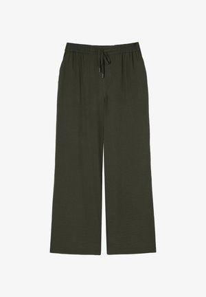 Široké nohavice v tmavo olivovej farbe, s elastickým pásom a šnúrkou na sťahovanie, vyrobené z mäkkej a textúrovanej látky.
