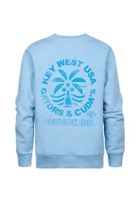 Felpa azzurro chiaro con una grafica circolare che presenta un design di palma e la scritta "KEY WEST USA GATORS & CUDAS" stampata in turchese.