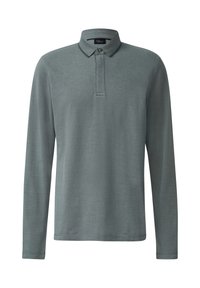 Polo gris à manches longues avec col boutonné, design simple et tissu texturé, présenté sur fond blanc.