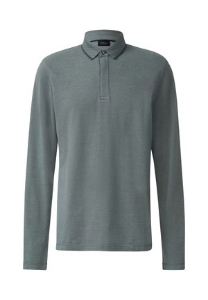 Szara polo z długim rękawem, z zapięciem na guziki, o prostym wzorze i teksturowanym materiale, eksponowana na białym tle.