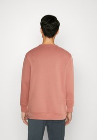 Sudadera de manga larga en rosa polvo, con cuello redondeado, puños y dobladillo acanalados, mostrada desde la parte posterior sobre un fondo blanco liso.