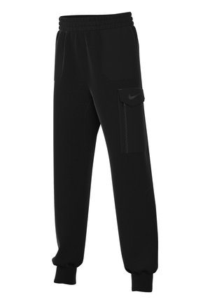 Pantaloni de trening negri cu talie elastică, buzunare laterale și un buzunar cargo cu fermoar. Realizați dintr-un material moale cu manșete din țesătură cu nervuri la glezne.