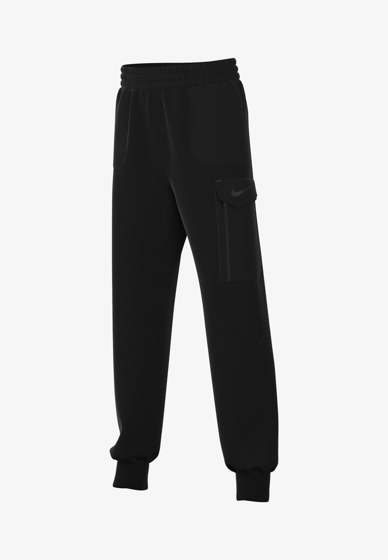 Pantalons de survêtement noirs avec une taille élastique, des poches latérales et une poche cargo zippée. Fabriqués en tissu doux avec des poignets côtelés à la cheville.
