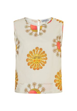 Ärmellose cremefarbene Bluse mit Sonnen- und Blumenmustern in Orange und Gelb, mit kleinem Schlüsselloch-Ausschnitt vorne und Knopfverschluss hinten.