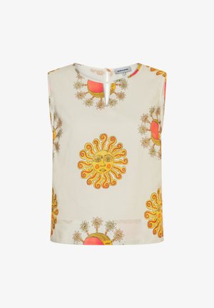Ärmellose cremefarbene Bluse mit Sonnen- und Blumenmustern in Orange und Gelb, mit kleinem Schlüsselloch-Ausschnitt vorne und Knopfverschluss hinten.