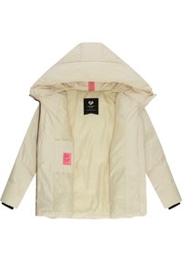 Beige pufferjack met een capuchon, gevoerde binnenkant, ritssluiting en contrasterende zwarte manchetten. Beschikt over binnenzakken met branding.