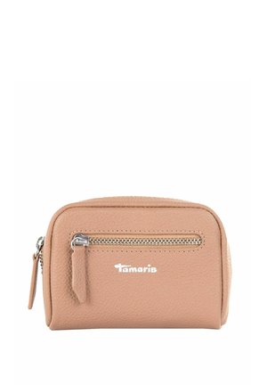 Beige leather coin purse with a textured finish, featuring a front zip pocket and silver hardware. "Tamaris" logo in white.