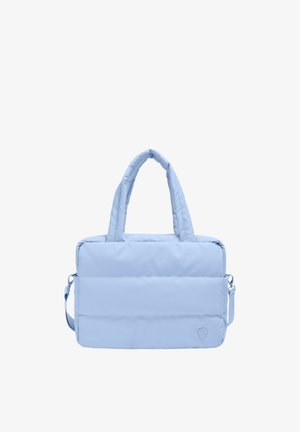 Sacoche pour ordinateur portable rembourrée bleu clair avec double poignée et bandoulière amovible, avec un petit emblème dans le coin inférieur.