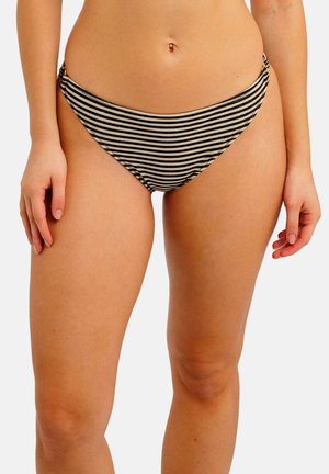 Schwarz-weiß gestreifter Bikini-Slip mit niedrigem Bund. Weicher Stoff mit dezentem Glanz; verfügt über geraffte Seitenakzente.