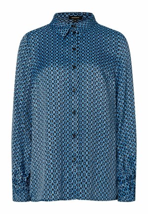 Blauw overhemd met lange mouwen en knopen, met een herhalend geometrisch patroon van schakels in lichtere blauwtinten.