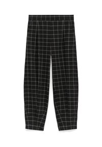 Zwart-grijze geblokte broek met een relaxte pasvorm, voorzien van plooi aan de voorkant en een elastische tailleband voor extra comfort.