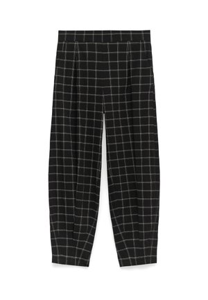 Zwart-grijze geblokte broek met een relaxte pasvorm, voorzien van plooi aan de voorkant en een elastische tailleband voor extra comfort.