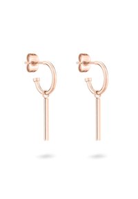 Orecchini a cerchio in oro rosa con pendente a barra verticale. Il design presenta curve morbide e una finitura lucida, creando un aspetto moderno.