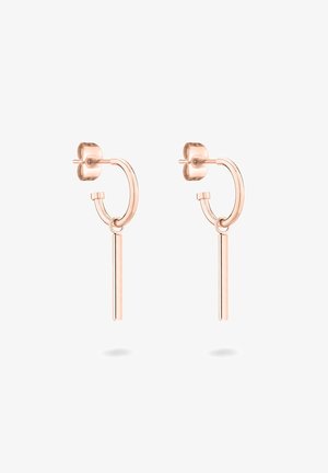 Roségoldene Creolen mit einem vertikalen Balkenanhänger. Das Design zeichnet sich durch sanfte Kurven und eine polierte Oberfläche aus, was einen modernen Look erzeugt.