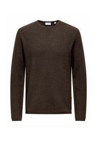 Pull en tricot marron avec des manches longues, un col rond et un motif texturé ; design décontracté sans embellissements ni accessoires.