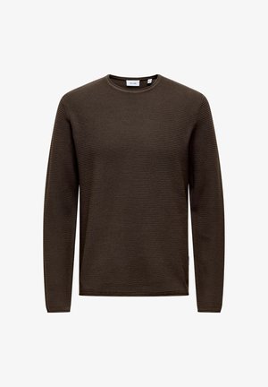 Jersey marrón de punto con mangas largas, escote redondo y patrón texturizado; diseño casual sin adornos ni herrajes.