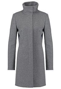 Long manteau en laine gris avec col montant, manches longues et fermeture avant cachée, conçu pour une coupe ajustée.