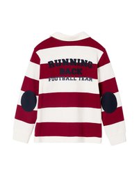 Rot-weißer gestreifter Langarm-Poloshirt mit marineblauen Ellbogen-Patches und gesticktem "RUNNING BACK FOOTBALL TEAM" auf dem Rücken. Aus Baumwollmaterial.
