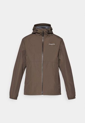 Jachetă ușoară maro cu glugă, fermoar frontal, manșete elastice și logo-ul Didriksons pe piept. Textură netedă și design casual.