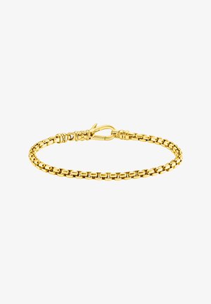 Goldenes Gliederarmband mit rechteckigen Gliedern und einem Hakenverschluss mit dekorativen gravierten Details.