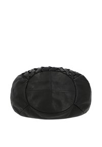 Black leather slouchy handbag with oval shape and woven leather detail along the top edge, displayed against a white background.