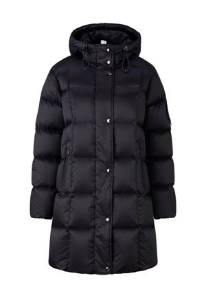 Černá bundu typu "puffer" s kapucí, zipovými bočními kapsami a patentkami. Prošitý design s lesklým povrchem, délka po kolena.