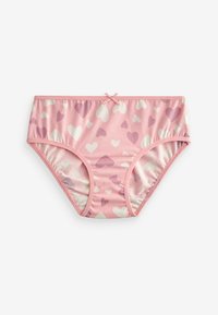 Sous-vêtements en coton rose avec un motif de cœurs dans des teintes de rose et blanc, ornés d'un nœud décoratif au niveau de la taille.