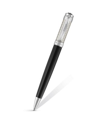 Penna a sfera nera e argento con dettagli intricati in argento sul cappuccio e marchio "Versace" sul fermaglio e sull'anello.
