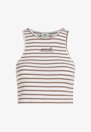 Gestreepte crop top van zachte, ribbelstof met horizontale beige en witte strepen. Klein geborduurd logo nabij de kraag. Ronde halslijn.