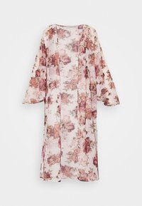 Světle růžový průhledný kimono s otevřeným předním dílem a potiskem růžových květin v odstínech růžové a mauve, s širokými rukávy a volným střihem.