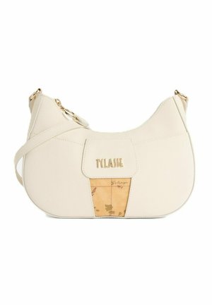 Borsa a mezzaluna beige con tracolla a bandoliera, logo oro "1ª CLASSE" e piccolo dettaglio mappa color cuoio sulla patta frontale.