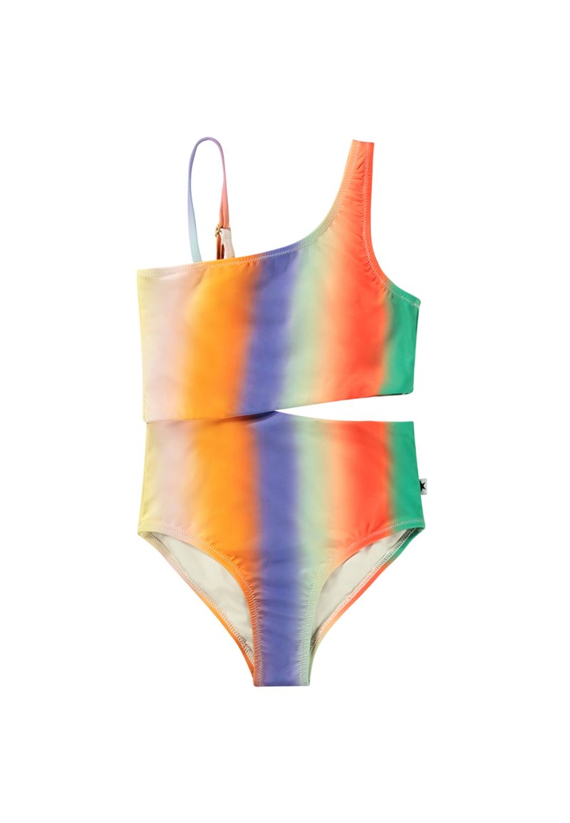 Jeu de bikini tie-dye coloré comprenant un haut à une épaule et un bas taille haute dans des dégradés d'orange, de vert et de violet. Tissu doux.