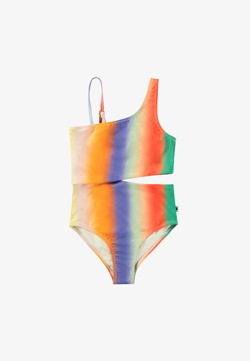 Colorful tie-dye bikini set featuring a single-shoulder top and high-waisted bottom in orange, green, and purple gradients. Smooth fabric.